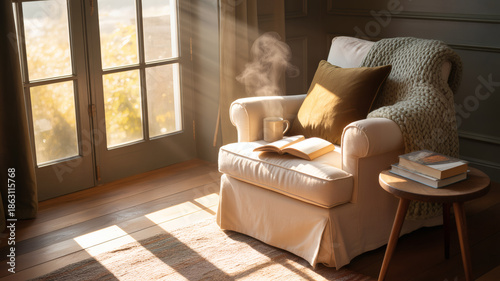 Cozy armchair in warm sunlight with steaming mug and open book by large window