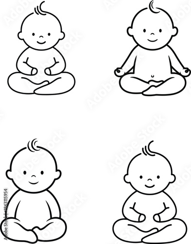 Collection of adorable baby line art illustrations in seated poses, perfect for baby products, nursery design, children’s books, and cute branding elements.