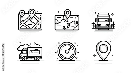 Logistics and Delivery Line Icons Set with Navigation, Shipping, Location Tracking, and Transport Symbols
