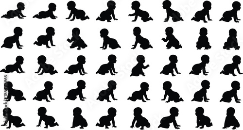 Collection of baby crawling silhouettes, infant movement poses, toddler development growth stages, newborn learning to crawl vector illustration set, child activity milestone artwork design