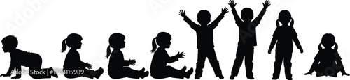 Collection of children silhouette stages, crawling sitting standing playing kids vector illustration, toddler growth development poses, child activity learning milestone artwork design