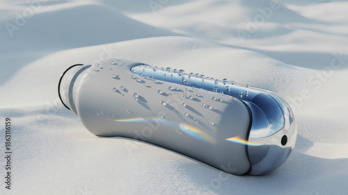 Innovative and ergonomic water bottle on a serene white sand dune with glistening water droplets
