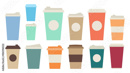 Collection of Various Takeaway Beverage Containers in Assorted Colors and Sizes