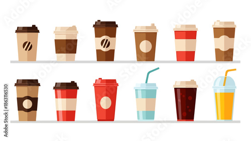 Collection of Various Coffee and Beverage Cups Displayed on Shelves
