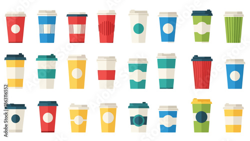 Collection of Disposable Drink Cups with Lids Assorted Colors and Patterns Coffee Shop Beverage Containers