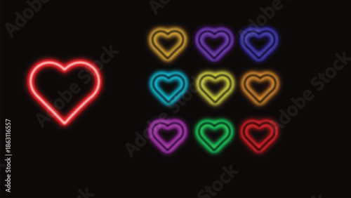 Neon Glow Heart Icon Set with Vibrant Multi-Color Glowing Outlines