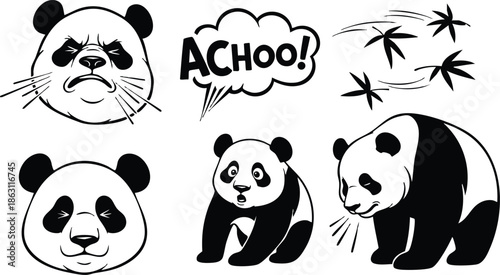 Line art close up panda faces and sitting and standing pandas sneezing with achoo speech bubble and bamboo leaves black and white sticker sheet layout cute