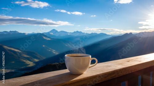Steaming white coffee cup resting on wooden balcony railing overlooking massive mountain range
