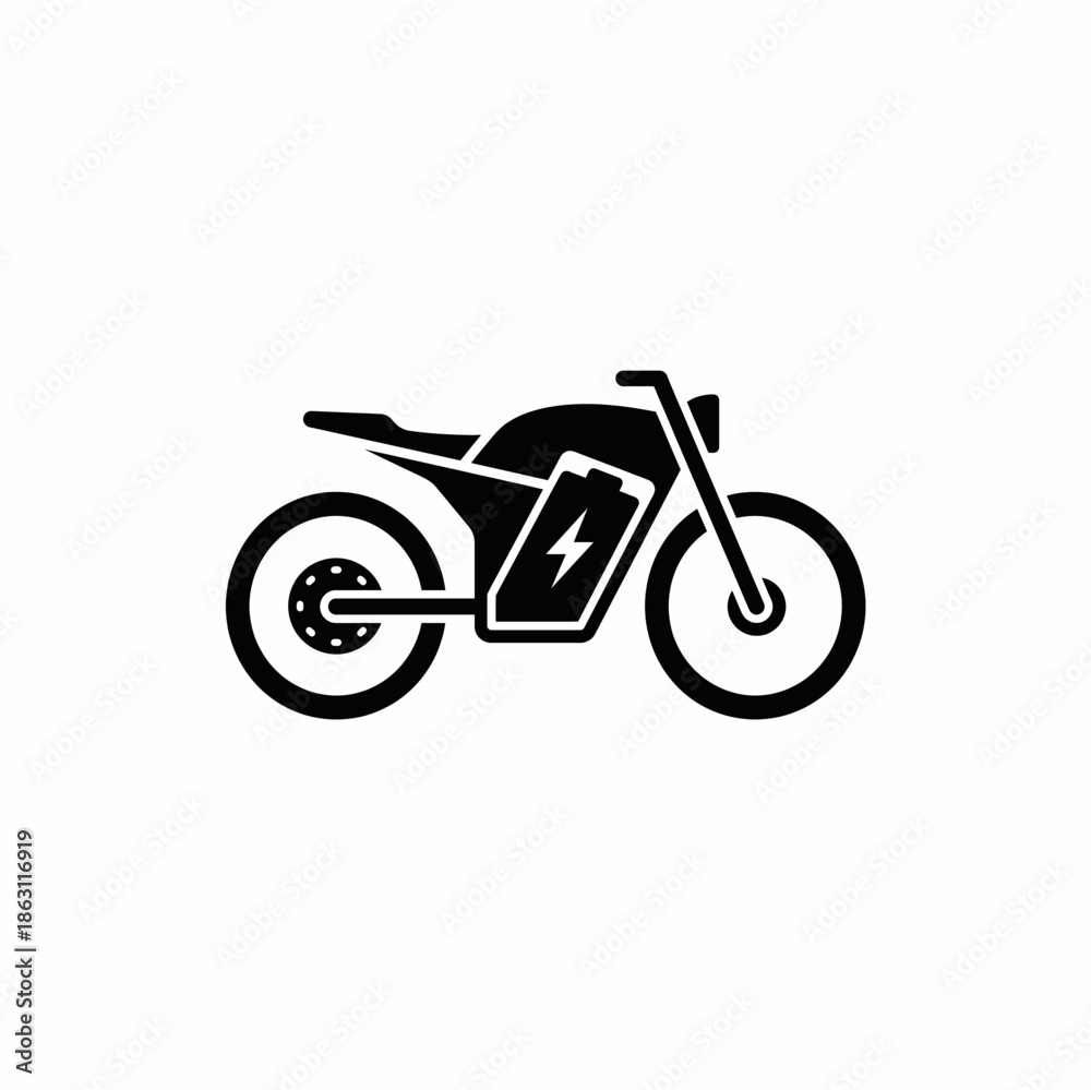 Fototapeta premium Black silhouette icon of a modern electric motorcycle with a prominent battery symbol, representing eco-friendly and sustainable urban transport.