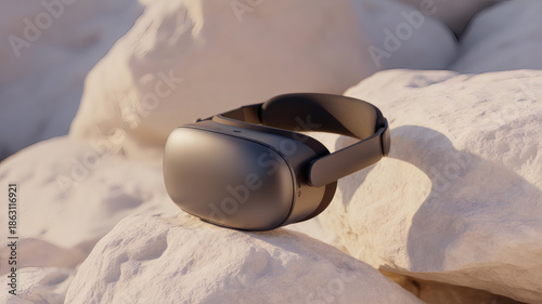 Virtual reality headset resting on white volcanic rocks in bright natural outdoor daylight setting