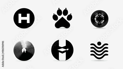 Modern Minimalist Black and White Vector Icons Collection with Paw Print, Letter H, Abstract Waves and Circular Shapes