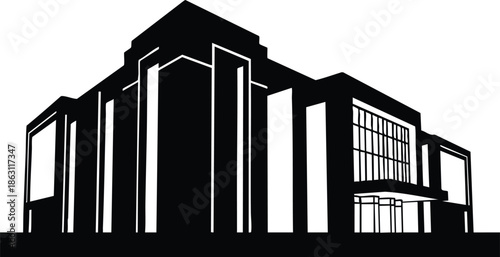 Flat design silhouette vector of modern cultural center building facade low angle view with large glazed windows main entrance strong vertical columns monochrome bold high contrast