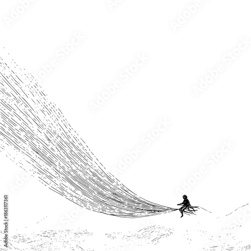 Man Running Away from Lines in Minimalist Illustration