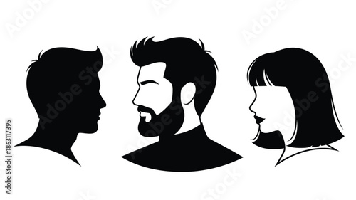 Three distinct head profiles presented in a striking black silhouette