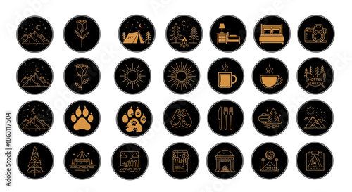 Minimalist Golden Outdoor Adventure Icons Set. Camping Nature Travel Social Media Highlight Covers and Web Design.