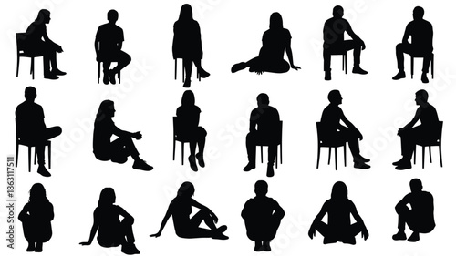 Diverse group of people seated in various poses black and white silhouette