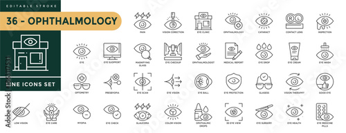 collection of Ophthalmology icons set with editable stroke, including pain, eye clinic, presbiopia, low vision, care, myopia, glaucoma, color vision, glases, cataract. Thin linear vector illustration