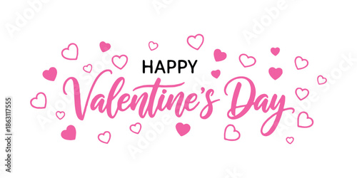 Contemporary calligraphy saying Happy Valentine's Day in vibrant colors on a white backdrop adorned with hearts, perfect for decorations, posters, banners, greeting cards, invitations, ads, and partie