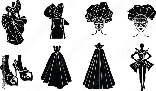 Flat design silhouette vector set showing eight couture figures and accessories including head wrap capes heels perfume bottles and runway pose high contrast black studio lighting