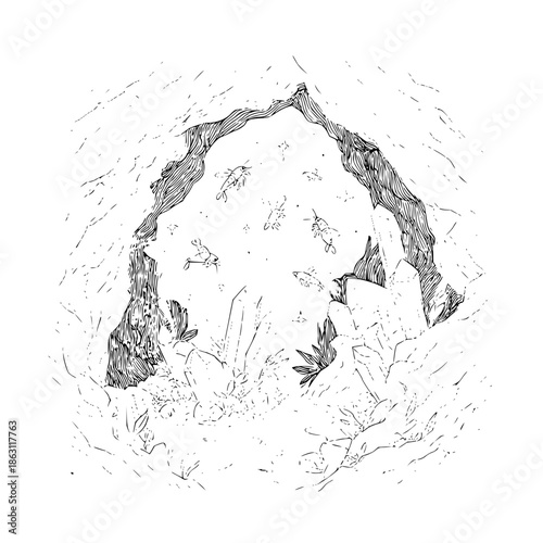 Pen and ink drawing of a cave entrance with shrimp flying inside and crystal formations, black and white, line art