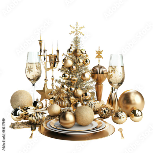 Luxury gold Christmas tree table decoration with candles and ornaments isolated on Transparent Background