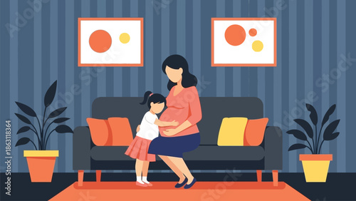 A pregnant woman and her young daughter share a tender moment on a grey sofa