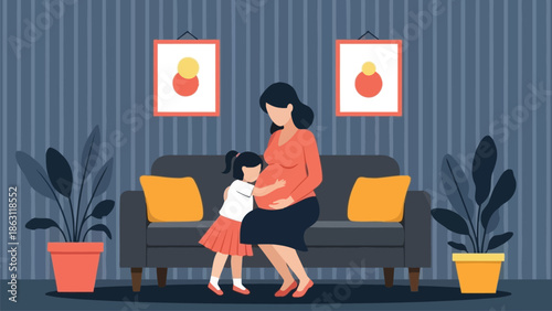 A pregnant woman embracing her young daughter on a cozy gray sofa at home
