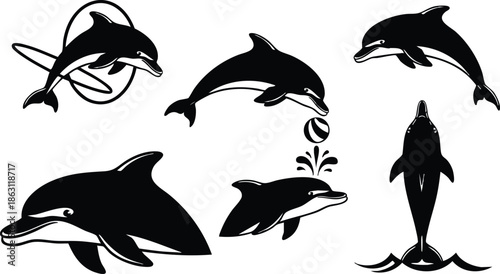 Minimalist silhouette vector set of six dolphins in dynamic poses including jumping flipping and diving in ocean wave composition bold black shapes side view isolated icons