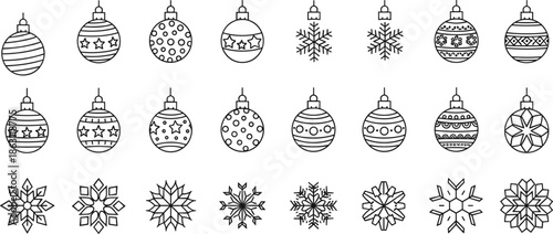 Christmas Ornament and Snowflake Vector Icon Set Featuring Outline Baubles and Winter Holiday Decorations for Greeting Cards and Festive Design Layouts