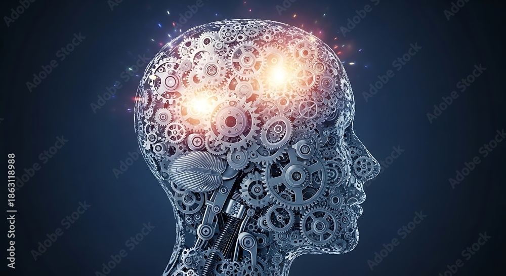 Obraz premium Mechanical Human Head with Glowing Gears, AI Concept