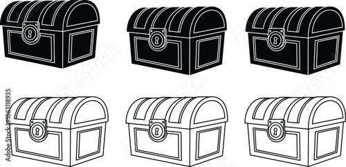Collection of treasure chest vector icons with various perspectives in both black solid silhouette and clean outline line art styles