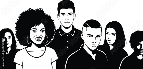 High contrast vector art close up group portrait of diverse young adults standing together facing forward with smiling afro woman and serious short hair man minimal