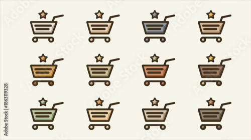 Shopping cart with star icon set. E-commerce, online shopping, customer rating, favorite product, wishlist, retail experience.