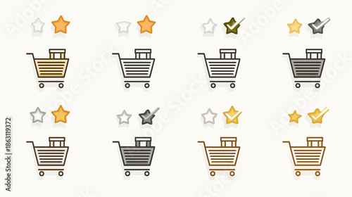 Collection of diverse shopping cart and star rating icons for e-commerce, online store UI, web design, and consumer reviews