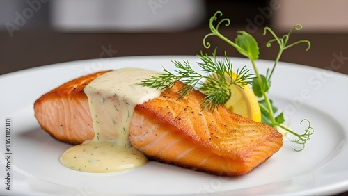 Deliciously seared salmon fillet drizzled with creamy sauce and garnished with fresh dill and a lemon wedge, served on a white plate