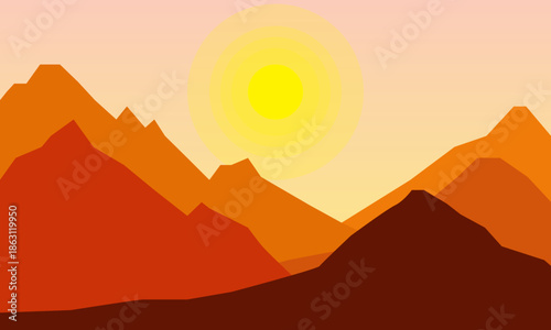 A serene landscape illustration features mountains in shades of orange and brown under a light sky with a bright sun. The image creates a peaceful and minimalist scene.