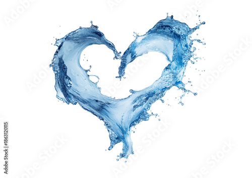 Dynamic blue water splash forming a heart shape with droplets isolated on a transparent background liquid