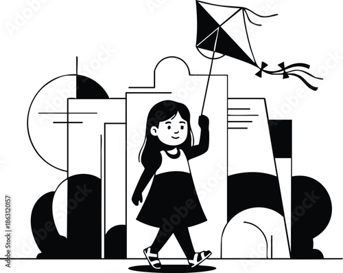 Line art flat design girl walking and flying kite in front of geometric cityscape holding string looking up wearing dress and sneakers monochrome playful scene illustration