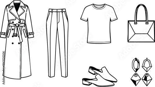 Line art detailed front view wardrobe set belted trench coat long double breasted coat tailored trousers t shirt envelope handbag leather flats geometric earrings minimal layout