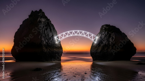 Digital bridge structure connects two large coastal rock formations at twilight sunset