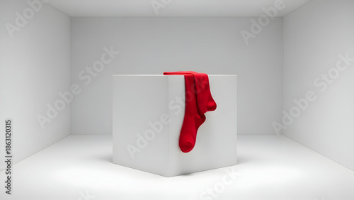 Single vivid red sock draped casually over edge of large white cubic pedestal in stark empty minimalist white room studio setting