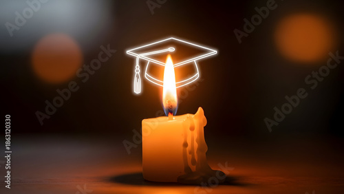 Glowing graduation cap outline hovering above burning white candle with dark background
