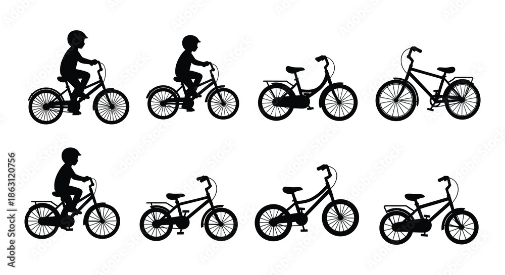 Fototapeta premium Silhouettes of children riding bicycles in a simple black and white illustration