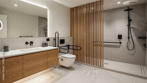 Modern Accessible Bathroom with Walk-In Shower and Wooden Accents.