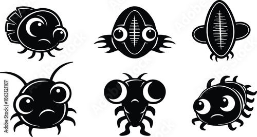 Flat design close up set of six cartoon germ icons with expressive eyes looking at viewer isolated on white background high contrast vector art minimalist bold