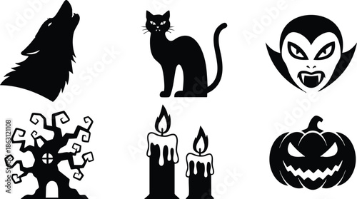 Flat design silhouette halloween icon set showing howling wolf black cat vampire face haunted tree dripping candles and jack o lantern isolated on white background spooky