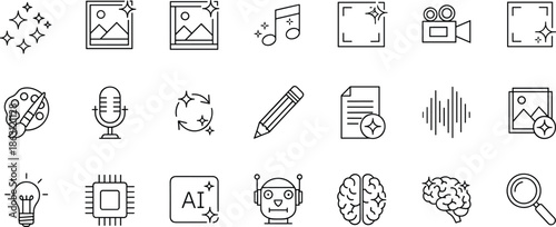 Minimalist Artificial Intelligence and Creative Technology Line Icon Set Featuring Machine Learning Digital Art Neural Networks and Automation Software Graphics