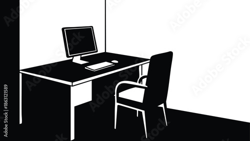 Silhouette vector flat design side view office desk with desktop monitor keyboard mouse and chair pulled out near corner casting bold shadow minimal high contrast interior