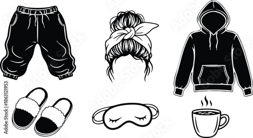 Line art sketchy loungewear icon set with hoodie sweatpants slippers sleep mask messy bun steaming mug isolated hand drawn stitched outline black and white casual comfort