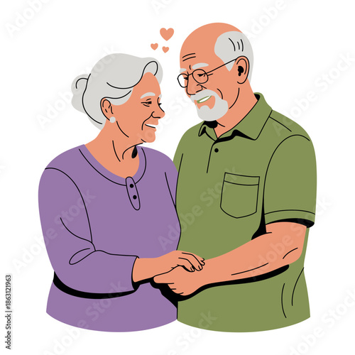 Elderly couple holding hands and looking at each other with affectionate.